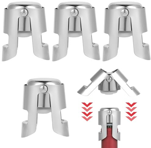 4 Bouchons de Bouteille de Vin - Bouchon à Champagne - Bouchon de Bouteille, Acier Inoxydable, Joint Intérieur en Silicone, Antifuite et Conservateur, Adapté pour Vin, Champagne et Plus