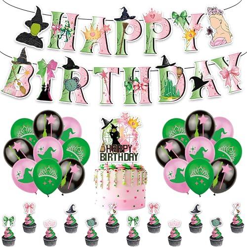 DABAOOU Green and Pink Party Decoration Set | Balloons, Cupcake Topper, Banner, Cake Topper, Witch Princess, Disco Party Cosplay, Birthday, Table Decor Supplies