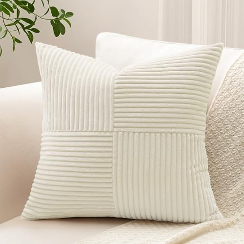 Sungeek 1 Stück Cord Kissenbezug, Kreuz Streifen Muster Kordsamt Kissenbezüge Sofakissen Dekokissen Patchwork Design Deko Zierkissenbezüge Kissenhülle für Wohnzimmer (60x60cm, Cremeweiß)