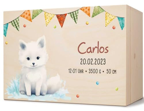 GRAVURZEILE Erinnerungskiste für Babys - Partytiere Schneefuchs- Personalisiert mit Name & Datum - Holzkiste für Mädchen & Jungen - Geschenk für Baby zur Geburt - Erinnerungsbox für Neugeborene