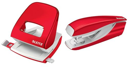 Leitz Büro Locher + Heftgerät, Für 30 Blatt, Anschlagschiene mit Formatvorgaben, Tacker mit 200 Heftklammern, Ergonomisches Design, Rot, WOW-Serie, 50081026 + 55021026