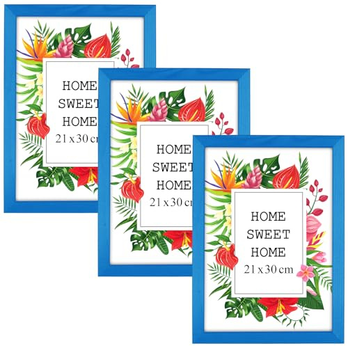 MG Design Set aus 3 Blau Bilderrahmen A4 21 x 29,7 cm – Aus echtem Holz mit Acrylglas, zum Aufhängen & Aufstellen, für Fotos, Poster & Puzzle