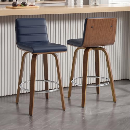 Bekrvio Barhocker 2er Set 200kg belastbar, Drehbar 65 cm Sitzhöhe, Barhocker mit Lehne, Kunstleder gepolstert, Massivholz Beine aus Bugholz, Tresenhocker Stabil für Küche & Insel Blau