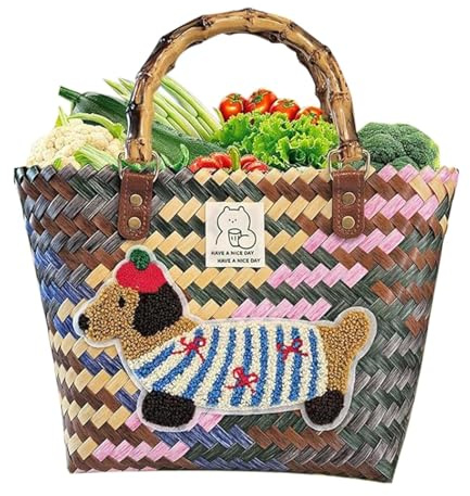 Générique Strandkorb, geflochten, Einkaufstasche aus Stroh Dackel, Einkaufstasche, geflochten, für Hochzeit, Geburtstag, Reisen, Alltag, Ausflüge, Aktivitäten im Freien