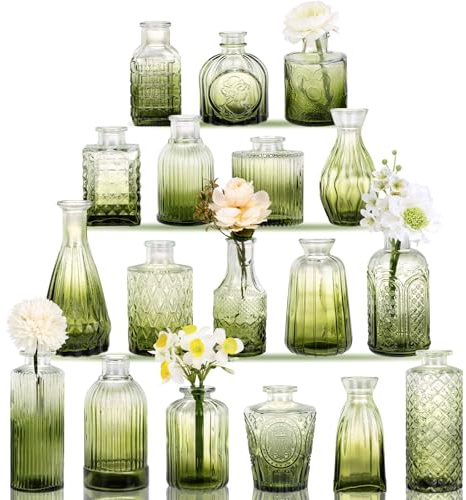 Set di 18 vasi in vetro verde, piccoli vasi da fiori per centrotavola sfusi, mini vaso vintage per casa, matrimonio, decorazione da tavolo