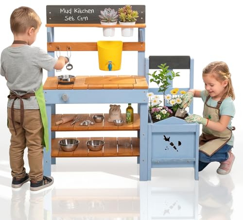 LEADZM Cuisine en Bois Enfant Extérieure avec Bac à Plantes, Jeux en Plein Air Cuisine avec Évier, Pots de Fleurs, Robinet, Cuisinière, Convient aux Enfants de 3 Ans et Plus, Bleue