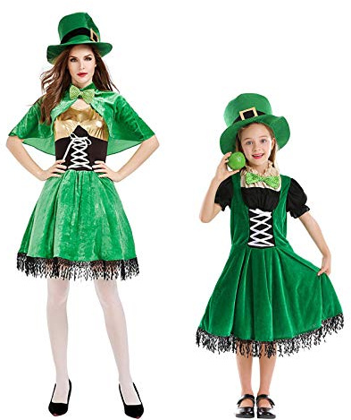 St. Patrick's Day Kostüm Set für Damen und Kinder Grün Irish Kobold Kleid mit Kleiner Umhang, Zylinder Hut Irischer Wichtel Outfit Elfenkleidung Perfekt für Bühne, Party & Karneval