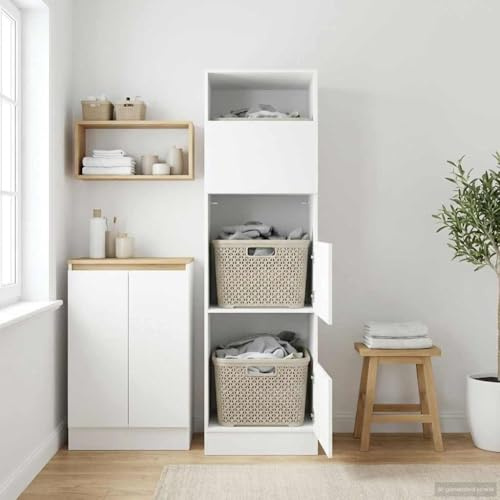 Augerqir Armoire à linge en bois blanc avec 3 portes et 6 compartiments, 50 x 68 x 162 cm, durable et imperméable, armoire ménager pratique pour salle de bain et intérieur