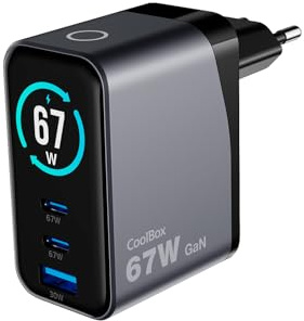 CoolBox Cargador USB C Carga Rápida 67W GAN, Cargador Inteligente Tipo C con 3 Puertos, 2 USB-C + USB-A, PD/PPS, Compatible con MacBook Pro/Air, iPad Pro, iPhone 17/16/15, Samsung, Pixel y Steam Deck