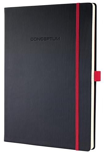 Sigel CO661 Notizbuch A4 liniert schwarz-rot, Hardcover, 194 nummerierte Seiten, nachhaltiges Papier, mit Inhaltsverzeichnis, Stiftschlaufe, Falttasche, Gummibandverschluss, Conceptum
