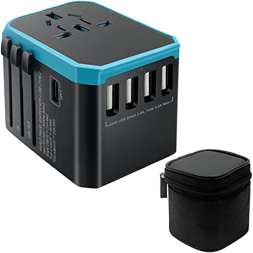 Ease2U Internationaler Universal Reiseadapter mit 4 USB Ladeanschlüssen Typ C 8A AC Steckdose Haartrockner mit Überspannungsschutz für Asien Europa 200+