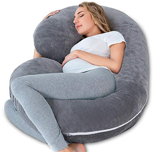 INSEN Oreiller de grossesse, coussin de maternité avec housse en velours, oreiller de corps en forme de C pour dormir (gris)