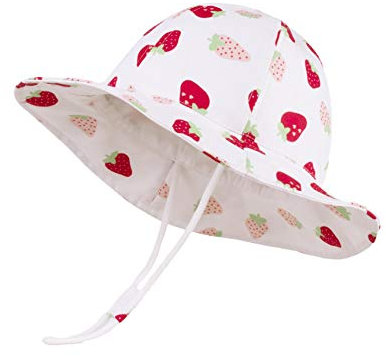 LANGZHEN UPF 50 Sonnenhut für Baby Mädchen Einstellbare Kleinkind Kinder Sonnenschutz Hut Wide Brim Sommer Spiel Hut mit Kinnriemen (Weiß -Erdbeere,6-12Months (48cm /18.9))