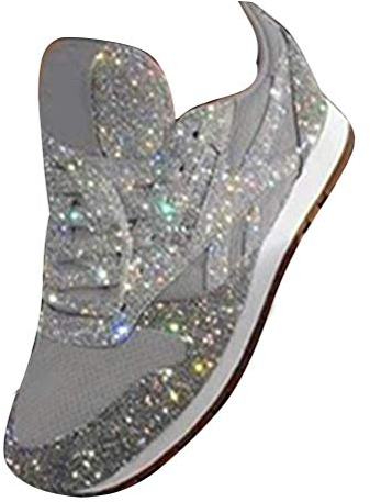ORANDESIGNE Damen Pailletten Sneaker Flach Schuhe Freizeit Schnürer Sportschuhe Glänzende Schuhe Laufschuhe Sneaker Silber 38 EU