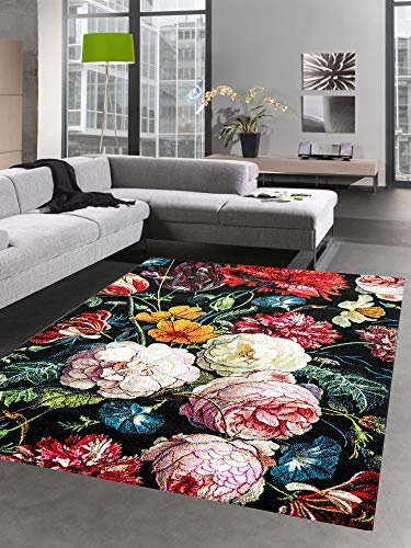 CARPETIA Teppich Wohnzimmer Designerteppich Blumen Herbstblumen Blumenstrauß schwarz rot Größe 120x170 cm