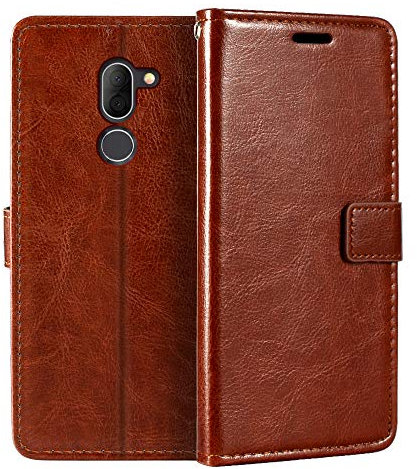Funda Cartera de Cuero PU Compatible con Alcatel 3X 2018 5058Y, Tapa Magnética con Ranuras para Tarjetas, Función Soporte y Protección Total (Café)
