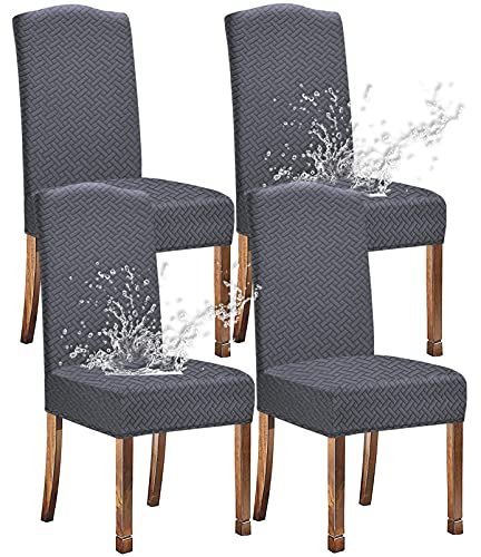 KELUINA Stretch wasserdichte Jacquard mit langem Gitter Esszimmer Stuhlhussen Home Decor, Stuhlhussen für Esszimmerstühle(Grau,4 Stück)