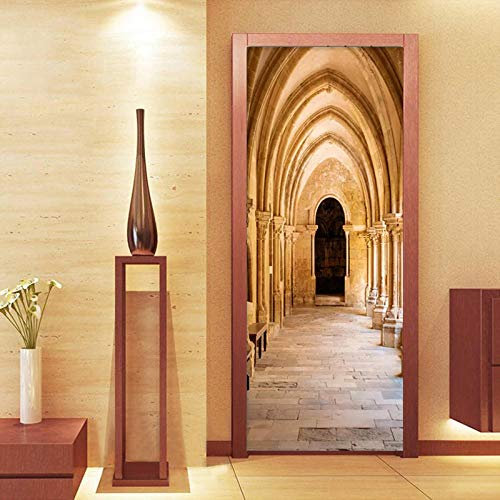YQLKD 3D Türaufkleber Vintage Bogentür Kreuzgang Steintapete Modern PVC Selbstklebend 3D