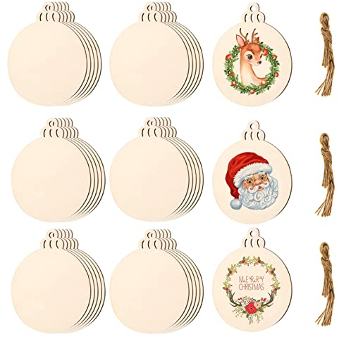 30PCS Wooden Christmas Ornaments Round Wooden Baubles Wood Slice Blank Wooden Embellishments Wood Pendants with String for Xmas Tree Decoration DIY Crafts