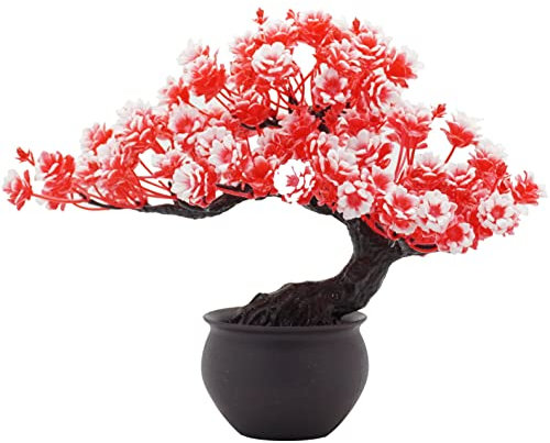 Flikool Créatif Arbre Pin Artificiels en Pot Fausse Japonais Cèdre Artificielle Bonsai en Plastique Plantes Artificielles Faux Bonsaï Artificiel pour Hôtel Bureau Salon Porche Noël Décoration - Rouge