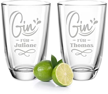 GRAVURZEILE 2er Set GIN-Gläser - GIN für mit Wunschname - personalisiertes Geschenk für Kollegen, gute Freunde & Familie - GIN-Glasses + GIN-Tonic - Party Mitbringsel Geschenkset