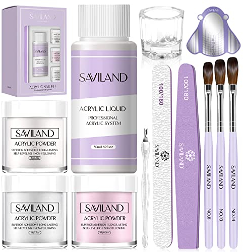Saviland Acrylic Nail Kit: White Pink Clear Acrylic Powder and Liquid Set with 3 Sizes Nail Brush/Nail File/Nail Forms/Dappen Dish for Beginners