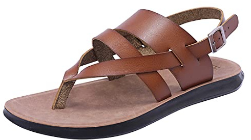 Harssidanzar Men’s Leather Sandals,Summer Comfort Outdoor Adjustable Ankle Strap Flat Slip On Sandals For Men KM218, Khaki,Size 8.5