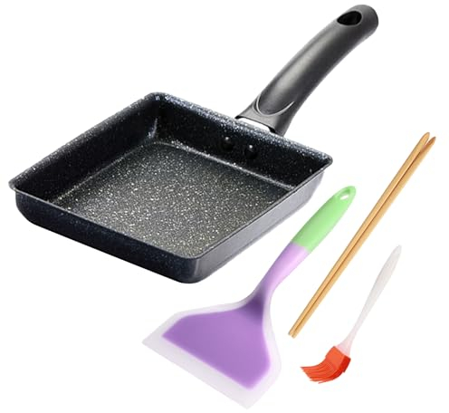 LOQJSS Tamagoyaki Pan Non Stick Japanese Omelette Pan,Cast Iron Rectangle Tamago Pan Small Frying Pan, Tamagoyaki Eggs Pan - Omelette Pan - with Silicone Brush, Chopsticks & Spetula