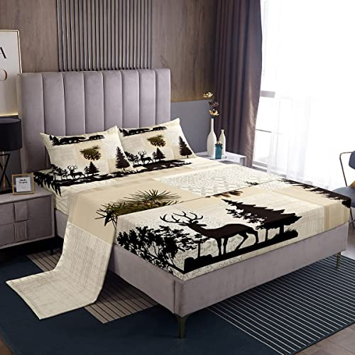 Homewish Juego de sábanas Retro de Animales de Caza,tamaño Doble,Juego de sábanas de Pino de Oso Ciervo para niños y niñas,sábanas de Granja de Caza de Animales de Texas Star sábana Bajera p