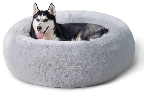 BEDSURE Hundebett waschbar Flauschiges Hundebett - Ø 91 cm Donut Hundebett für große Hunde, plüsch Hundebett rund Kuschelbett, hellgrau