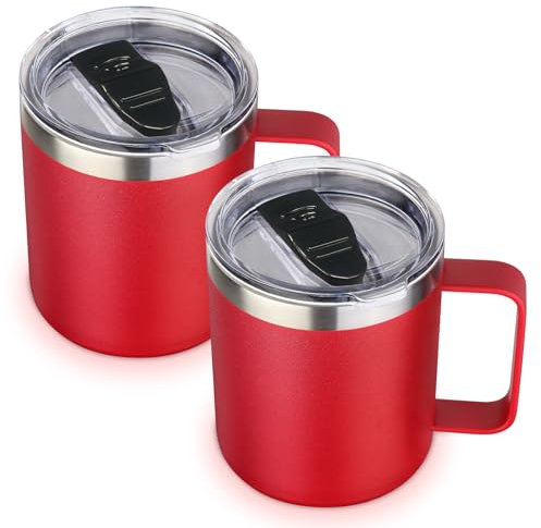 Volhoply Confezione da 2 tazze da caffè isolate in acciaio inox da 400 ml, con coperchio, a doppia parete, sottovuoto, da viaggio, con manico, riutilizzabili, tazze da campeggio, mantengono caldo