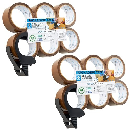 DECO EXPRESS Packaging Dispenser With 6 Rolls Strong Brown Fragile Clear Heavy Duty Tape for Packing Boxes Moving House Essentials (Small Dispenser Brown, 2 Pack)