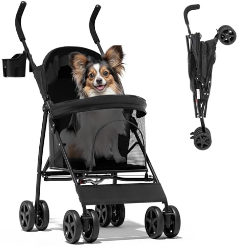 Magshion Compact Pet Stroller for Small-Medium Dogs/Cats up to 22lbs, 4-Wheel Lightweight Umbrella Shaped Portable Puppy Travel Jogger with Breathable Mesh, Cup Holder & Rear Storage, Black