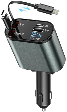 LUOCAI 120W Retractable Car Charger 4 in 1 Car Charger Adapter with Retractable Cables and Voltage Display, for 12V / 24V Vehicles, Compatible with i-P-hone, Android, Samsung Galaxy