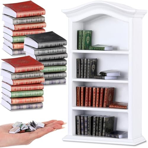 Johiux Wichtel Zubehör Weihnachten Puppenhaus Zubehör,1:12 Miniatur-Puppenhausbücher und 1 Miniatur-Holzbuchregal,Miniatur Zubehör Bücherregal Bücher Miniatur Bibliothek Dekoration.