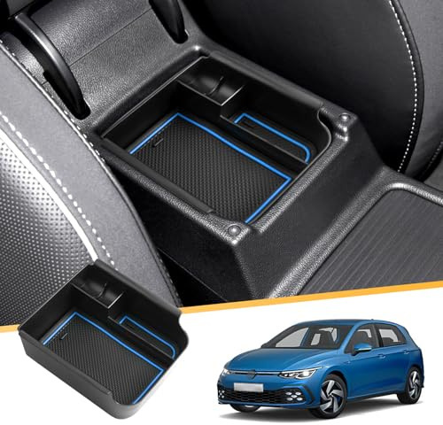 LFOTPP Mittelkonsole Aufbewahrungsbox Kompatibel mit V W Golf 8 MK8 8.5, Golf 8 8.5 ittelarmlehne Handschuhfach Organizer Tray mit Rutschfester Matte Zubehör (Blau)