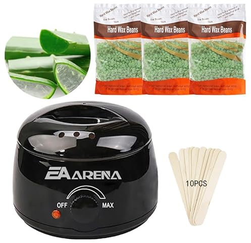 Wax Warmer Kit for Hair Removal - Professional Pot With Bowl, 3 Bags Wax Beads, Applicator Sticks - Home Waxing Machine for Full Body (Aloe Vera Black Pot)