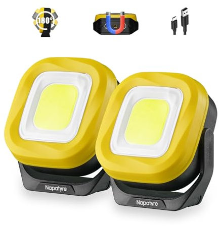 Napatyre Projecteur LED Rechargeable, 1000LM Projecteur LED Chantier Portable avec Base Magnétique à 180°,4 Modes 2000mAh Lampe de Travail Pour Camping, Chantier, Garage, Atelier (2 Pièce)