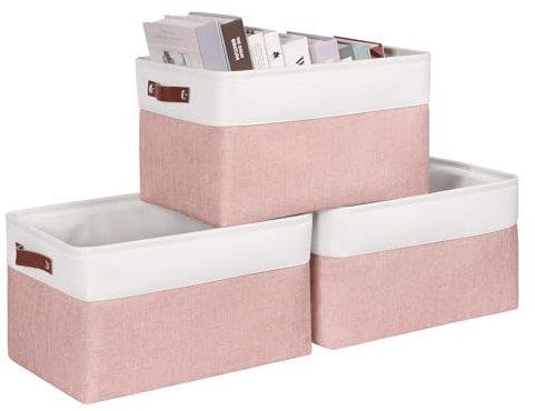 Syeeiex Large Storage Baskets for Shelves with Leather Handle, 3 Pack Foldbale Storage boxes, Fabric Stoarge baskets for Organizing Home, Toys, Office, Clothes (Pink)