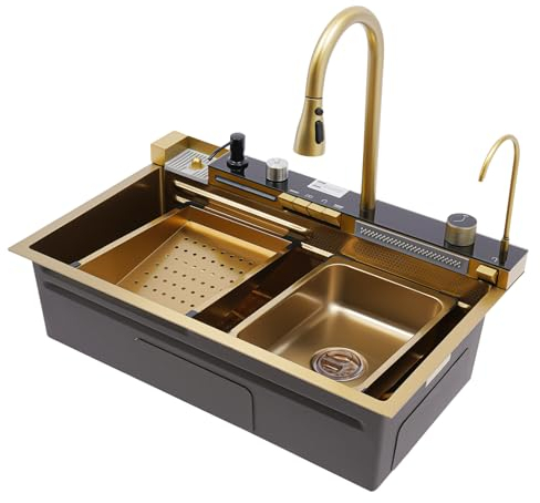 HarBin-Star Fregadero de cocina con pantalla digital, cascada, fregadero de cocina con grifo extraíble, fregadero de cocina multifuncional, cascada de lluvia voladora, fregadero de piano, 76 x 46 x 22