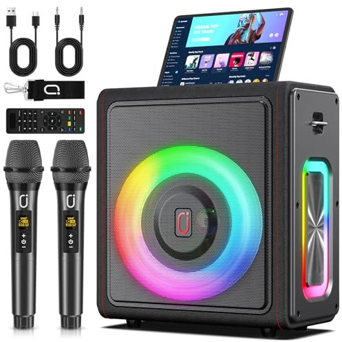 Karaoke Machine, Portable Bluetooth 5.3 Speaker with 2 Wireless Microphones for Adults, PA System with Pitch Correction & Echo Adjustment, Supports TWS/TF Card/USB/AUX/Live for Home Party (2MICS)