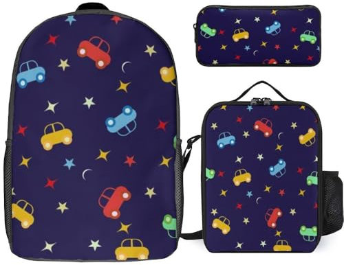 Mateju Mochila Niña de Gran Capacidad, Mochilas Escolares Adolescente Impresión del Coche con Bolsa de Almuerzo, Estuche para Lápices, Mochila Niño Juego de 3 Mochila Infantil (Estrella)