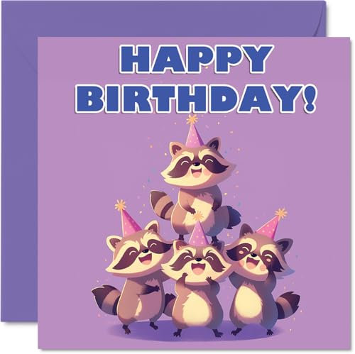 Waschbär-Geburtstagskarten für Sie und Ihn, Partytier-Pyramide, Happy Birthday Karte für Mutter, Vater, Bruder, Schwester, Tante, Onkel, Cousin, Freund, Familie, Kollegen, 145 mm x 145 mm