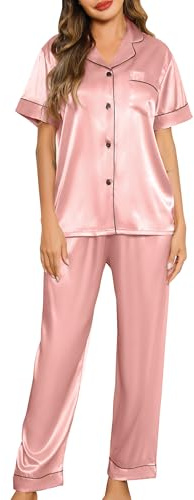 Lovasy Pyjama Satin Femme Short Ensemble Pyjamas Manches Courtes Chemises de Nuit Sexy Chic Ete 2 Pièces Vêtements de Nuit en Soie Boutonnée