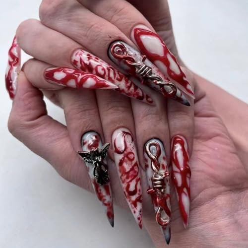 24pcs Halloween False Nails Long Stiletto Press on Nails Red Bloody 3D Angel Stick on Nail Removable Glue on Acrylic Full Cover Fake Nail Tips Halloween Horror Party Accessories for Women Girls