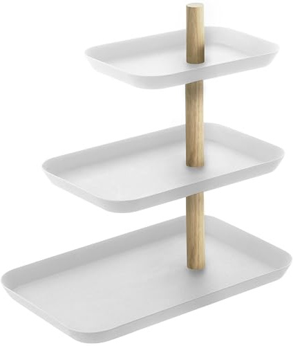 YAMAZAKI 1581 RIN 3Tiered Accessory Stand with Rotatable Trays, white, Steel/Wood, 25 x 16 x 25.5 cm