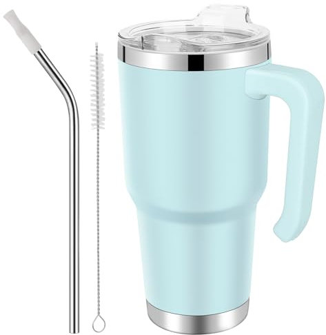 EQARD Mug Isotherme Cafe avec Paille Poignée Tasse de Voyage avec Couvercle étanche Gobelet Inox avec Tube Brosse Thermos Cafés pour Chaud ou Glacé Tous Sans BPA (Bleu, 30oz Couvercle à Vis)