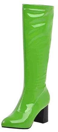 Stivali alti al ginocchio da donna con tacco a blocco, in pelle con chiusura lampo laterale, a gambo lungo, in pelle PU, da equitazione, in vernice, verde, 46 cm