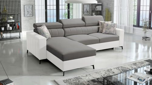 Ecksofa Emre I Maxi 267x183cm - Schlaffunktion - Bettkasten - L-Form - Couch - Eckcouch - Schlafsofa - Wohnlandschaft - Sofa - Polstersofa - Wohnzimmermöbel - Mono 246+Kunstleder Weiß Links - 26