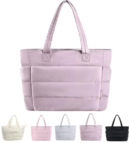 EEJBYTDI Puffer Travel Tote, Quilted Puffer Tote Bag for Women Large SizeLightweight Puffy Tote Bag with Compartments (Purple)